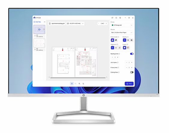 HP Click software for one-click PDF batch plotting from AutoCAD and Revit, with HP Smart App mobile workflow on the HP DesignJet T830 MFP