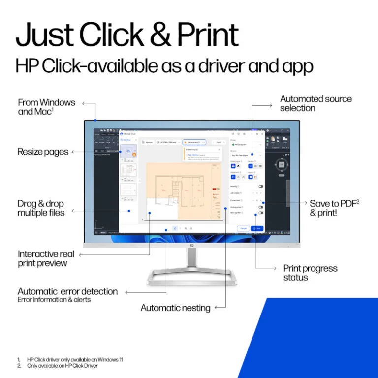 HP DesignJet T830 MFP print and scan workflow with HP Click and HP Smart App on Windows and macOS
