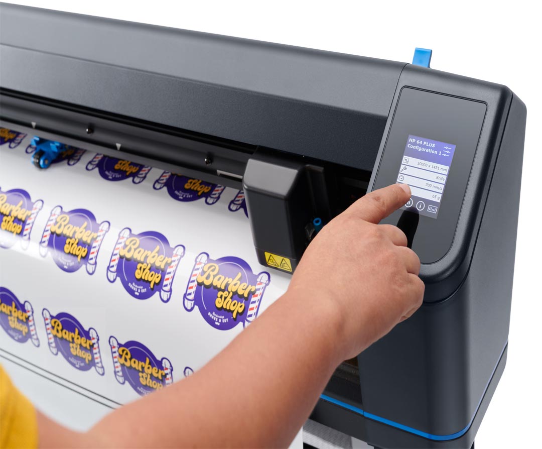 HP Latex 64 Plus cutter — drag-knife in cutting position, TurboCut mode on self-adhesive vinyl
