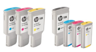 HP 728 ink cartridges for the DesignJet T830 MFP: Cyan, Magenta, Yellow, and Matte Black