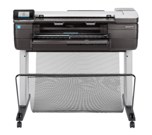 HP DesignJet T830 A1 MFP plotter with integrated scanner, printing A1 architectural construction drawings in a small studio